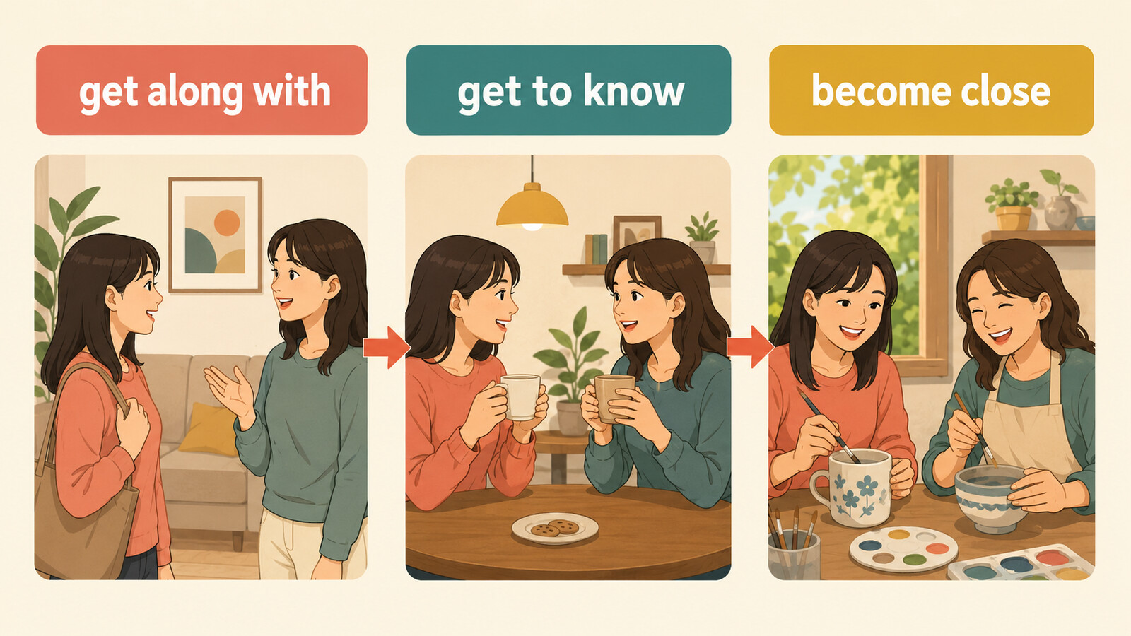 get along withとget to knowとbecome closeの違いを示すイラスト