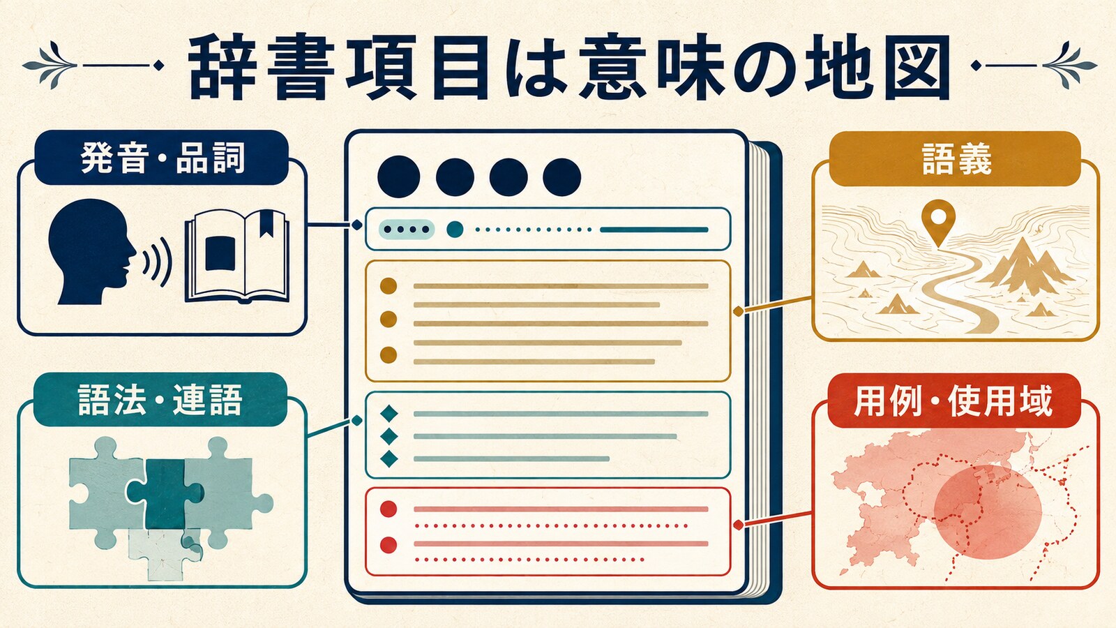 辞書項目の発音・品詞・語義・語法・用例を示す図解