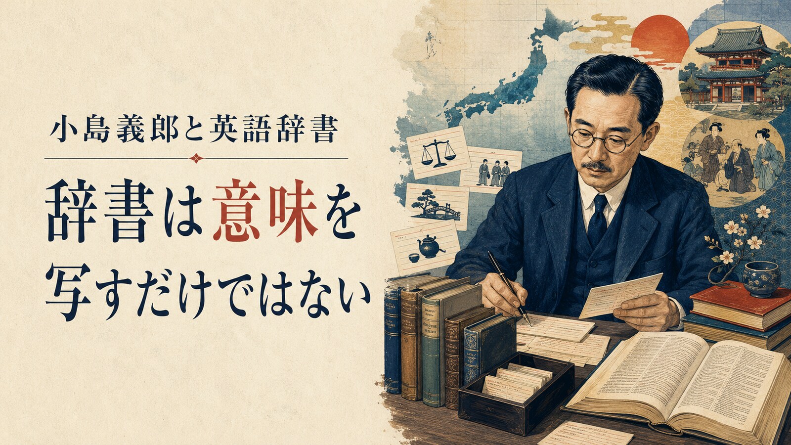 小島義郎の英語辞書研究を表すイラスト