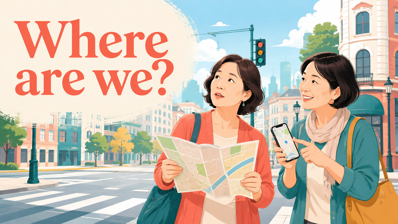 旅行先で現在地が分からず地図を確認する大人の女性とWhere are we?の英語表現