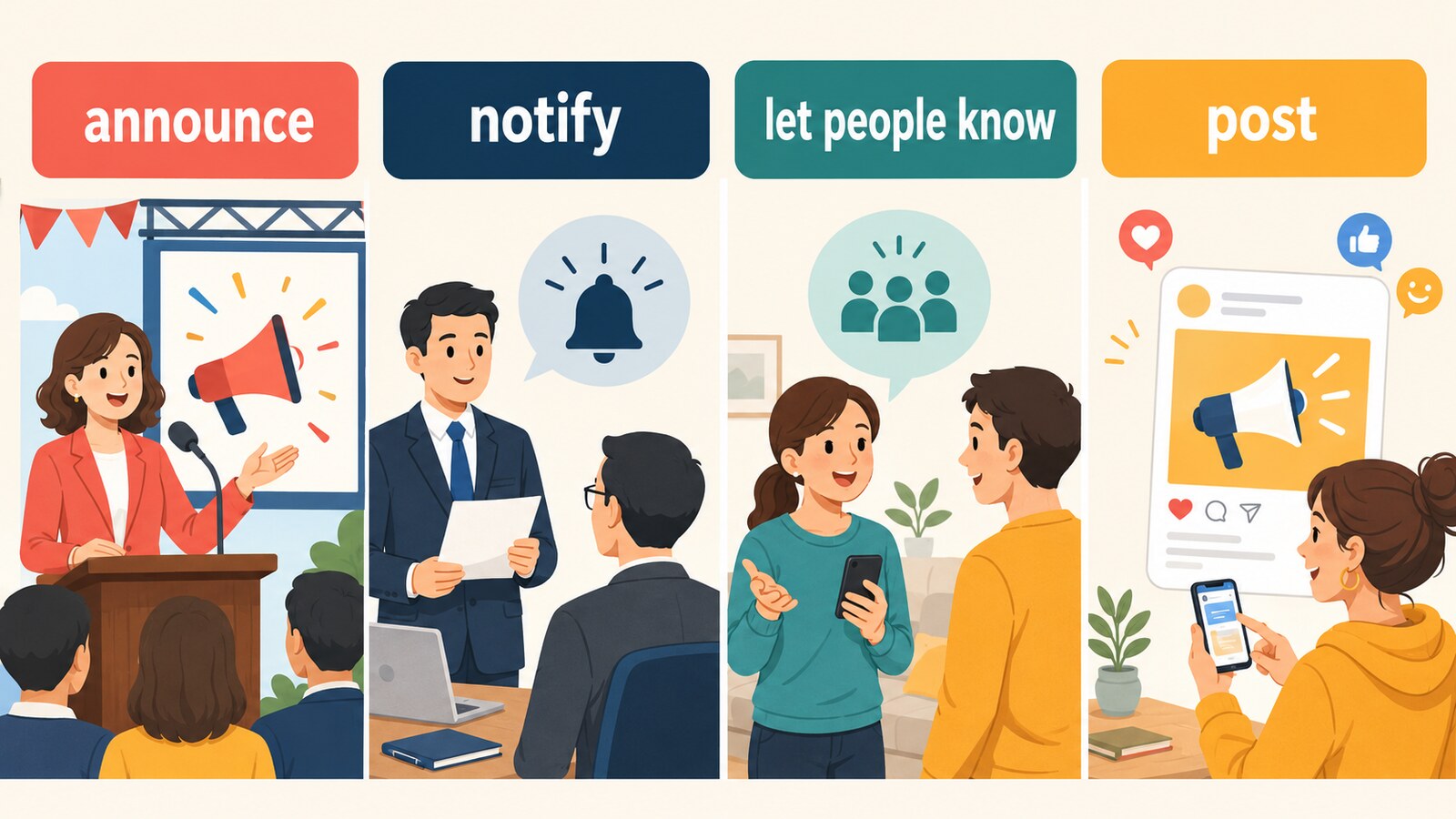 announce・notify・let people know・postの違いを示すイラスト