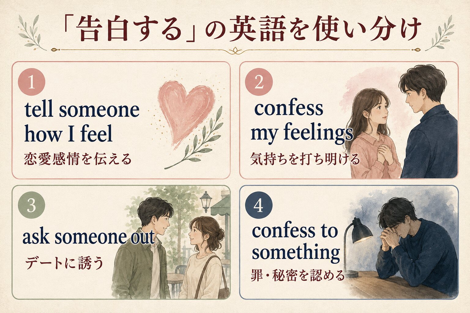 tell someone how I feel・confess my feelings・ask someone out・confess to somethingの違い