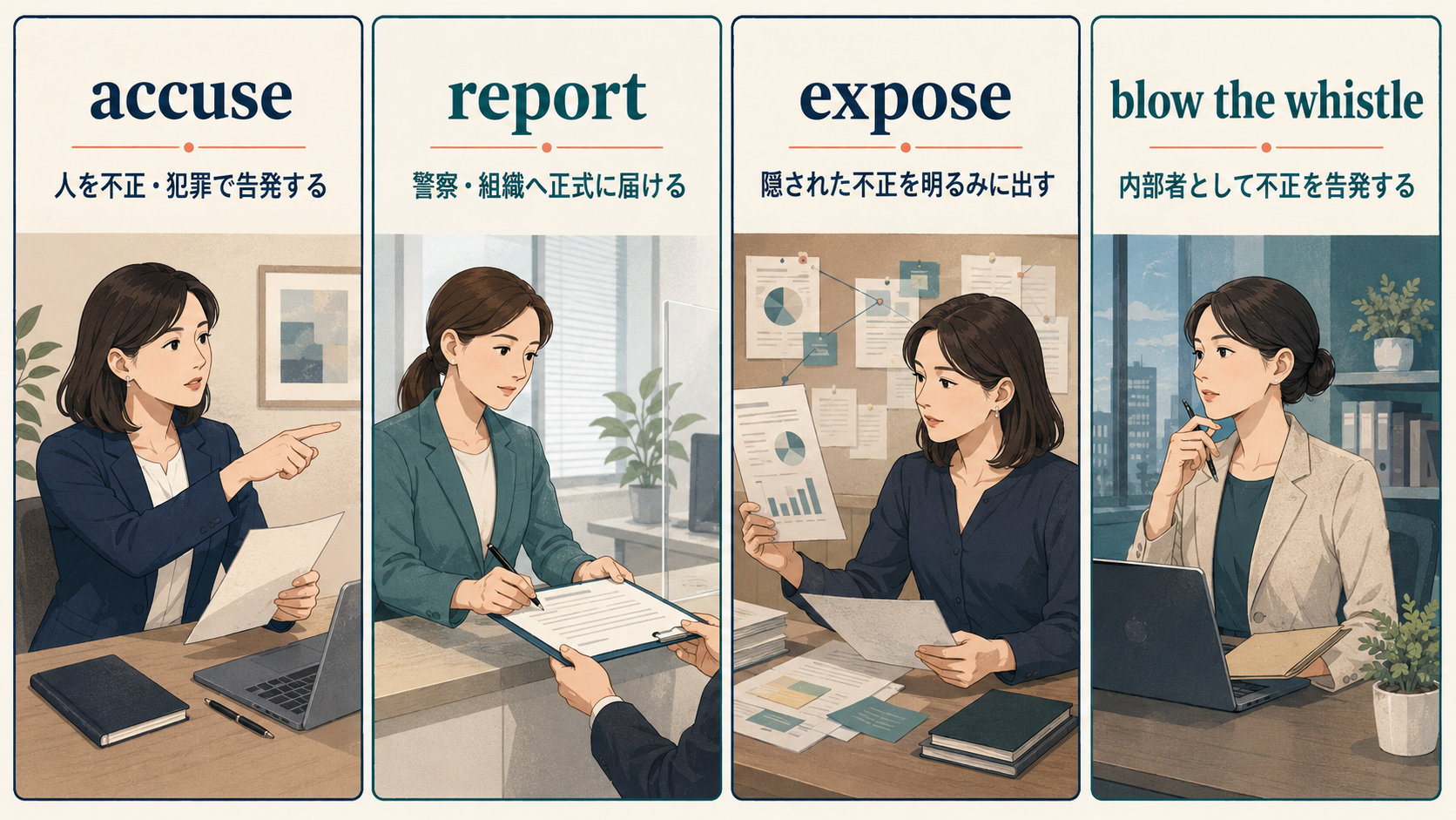 accuse・report・expose・blow the whistleの違い