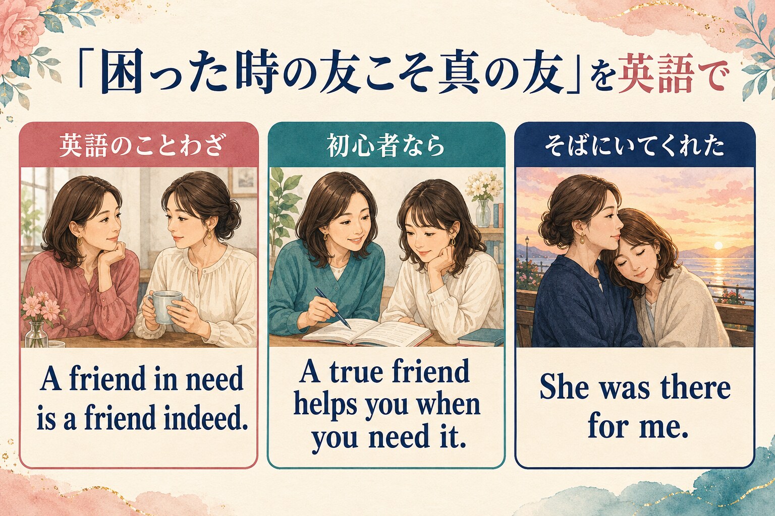 A friend in need is a friend indeed、初心者向け表現、She was there for meの比較図