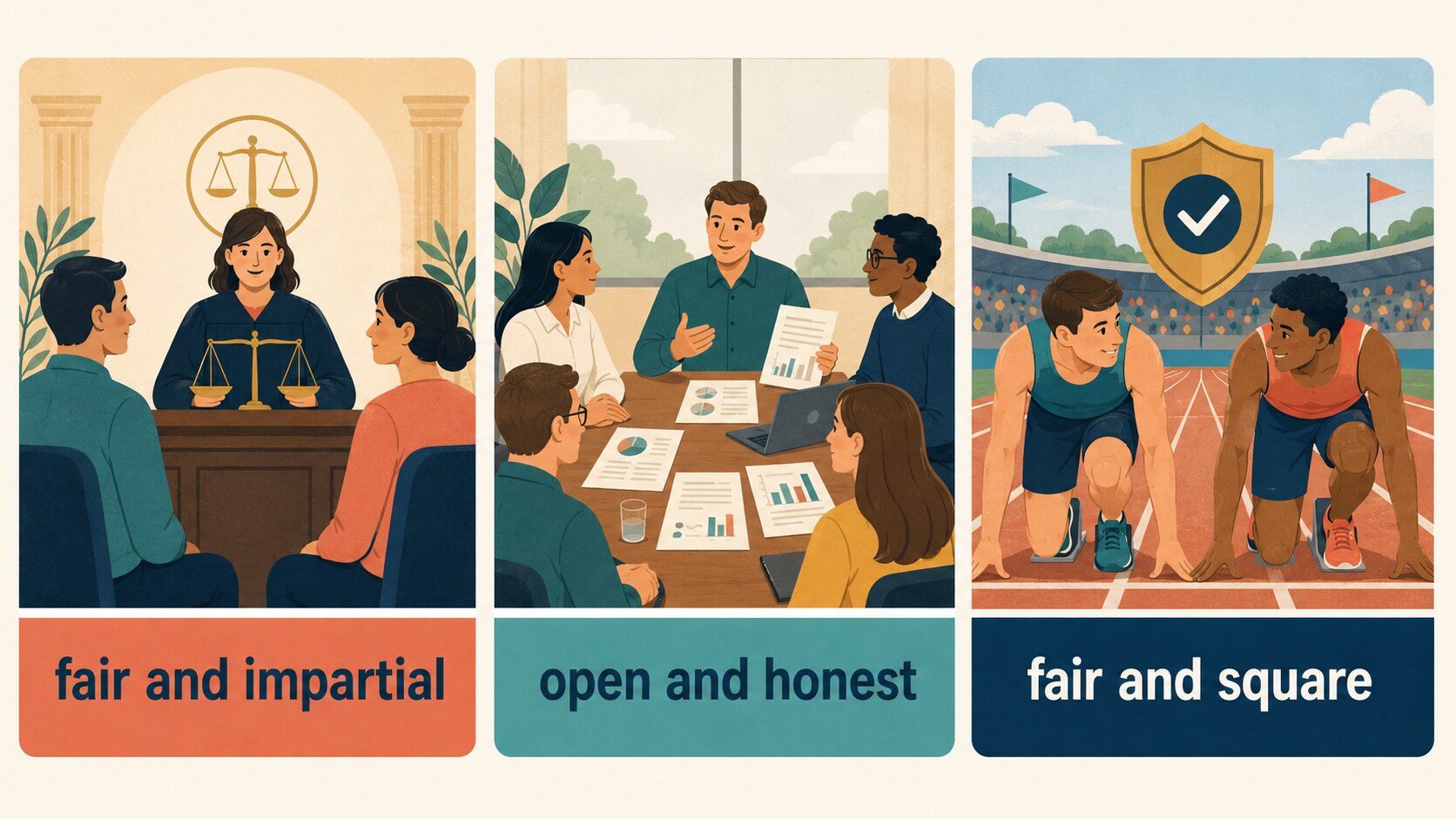 公明正大を fair and impartial、open and honest、fair and square で表すイラスト