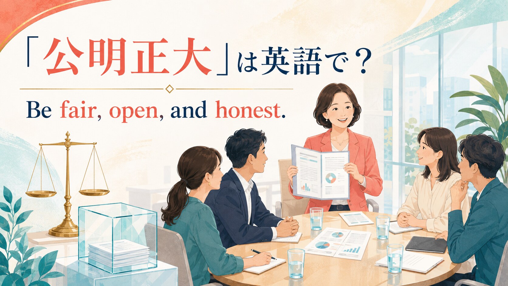 「公明正大」は英語で? Be fair, open, and honest. と書かれたアイキャッチイラスト