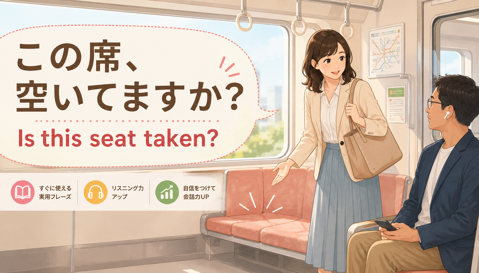 電車で「この席、空いてますか？」と英語で尋ねる女性