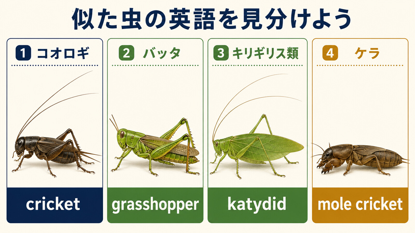 コオロギ、バッタ、キリギリス類、ケラの英語名を比較したイラスト