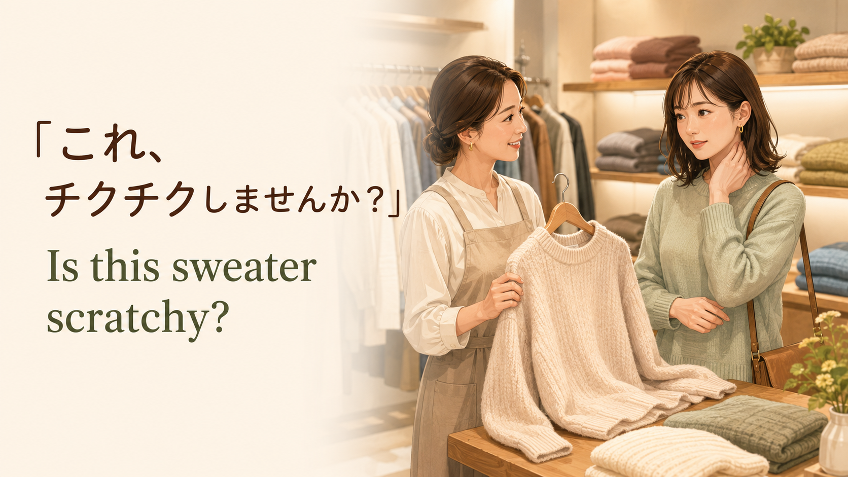 海外の洋服店でセーターが肌にチクチクしないか英語で尋ねる場面