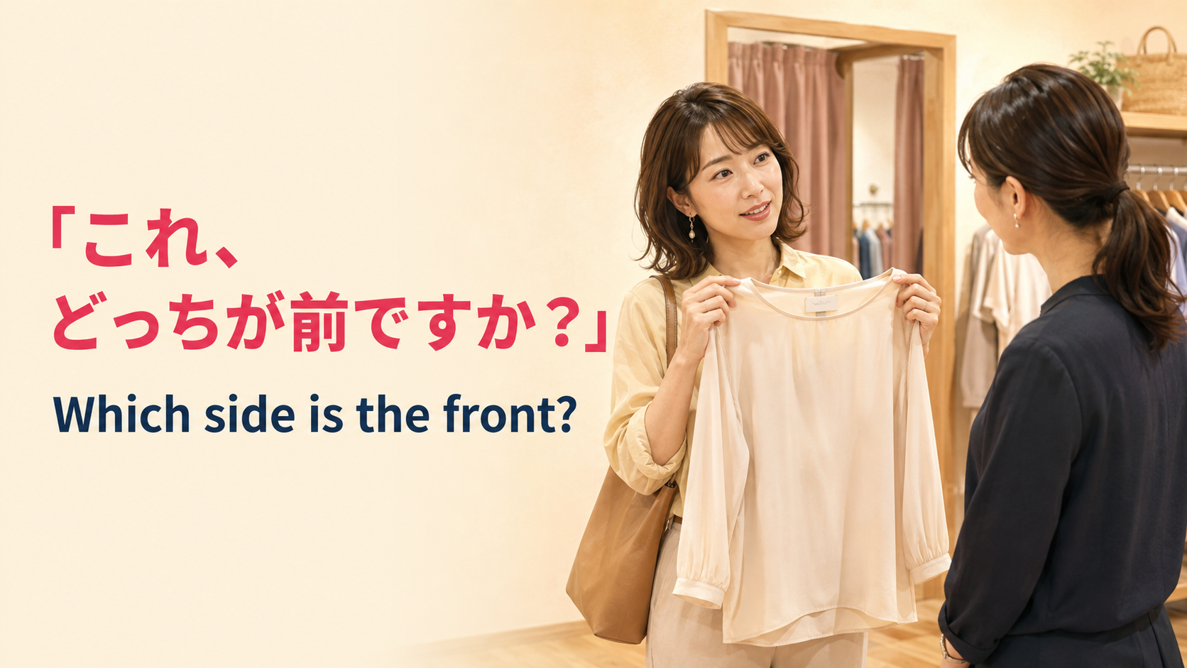 海外の洋服店で服のどちら側が前か店員へ英語で尋ねる場面