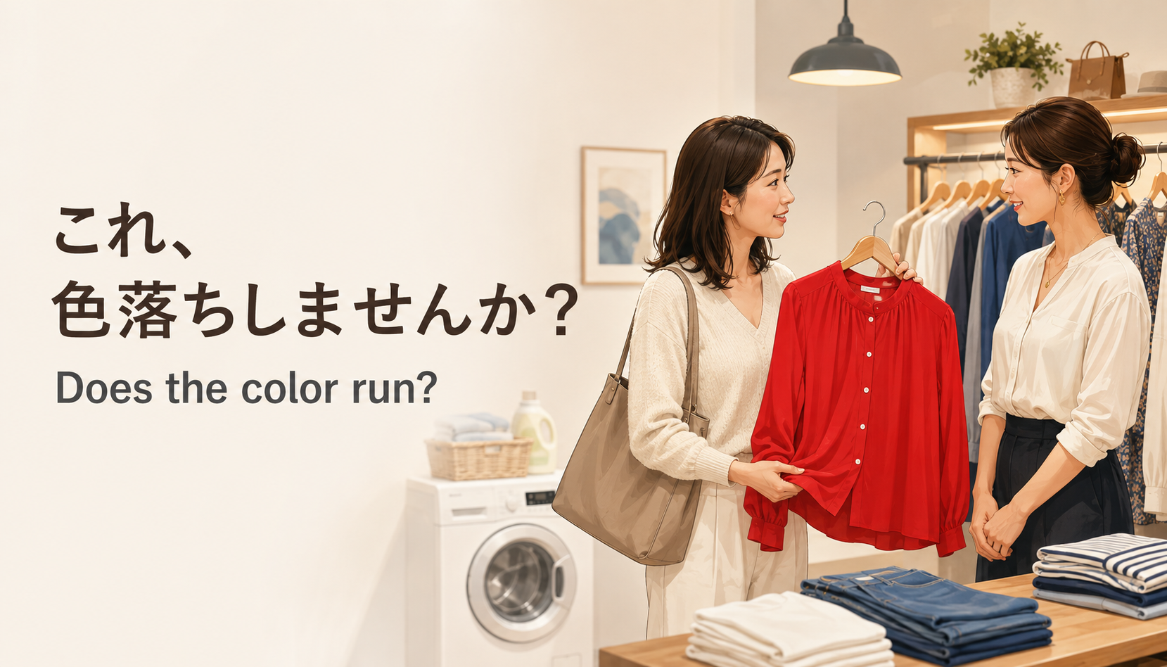 海外の洋服店で服が色落ちしないか英語で尋ねる場面