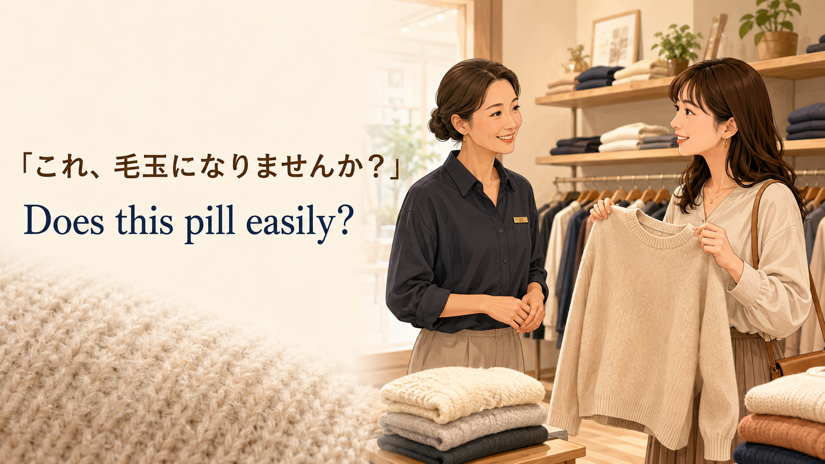 海外の洋服店でセーターが毛玉になりやすいか英語で尋ねる場面