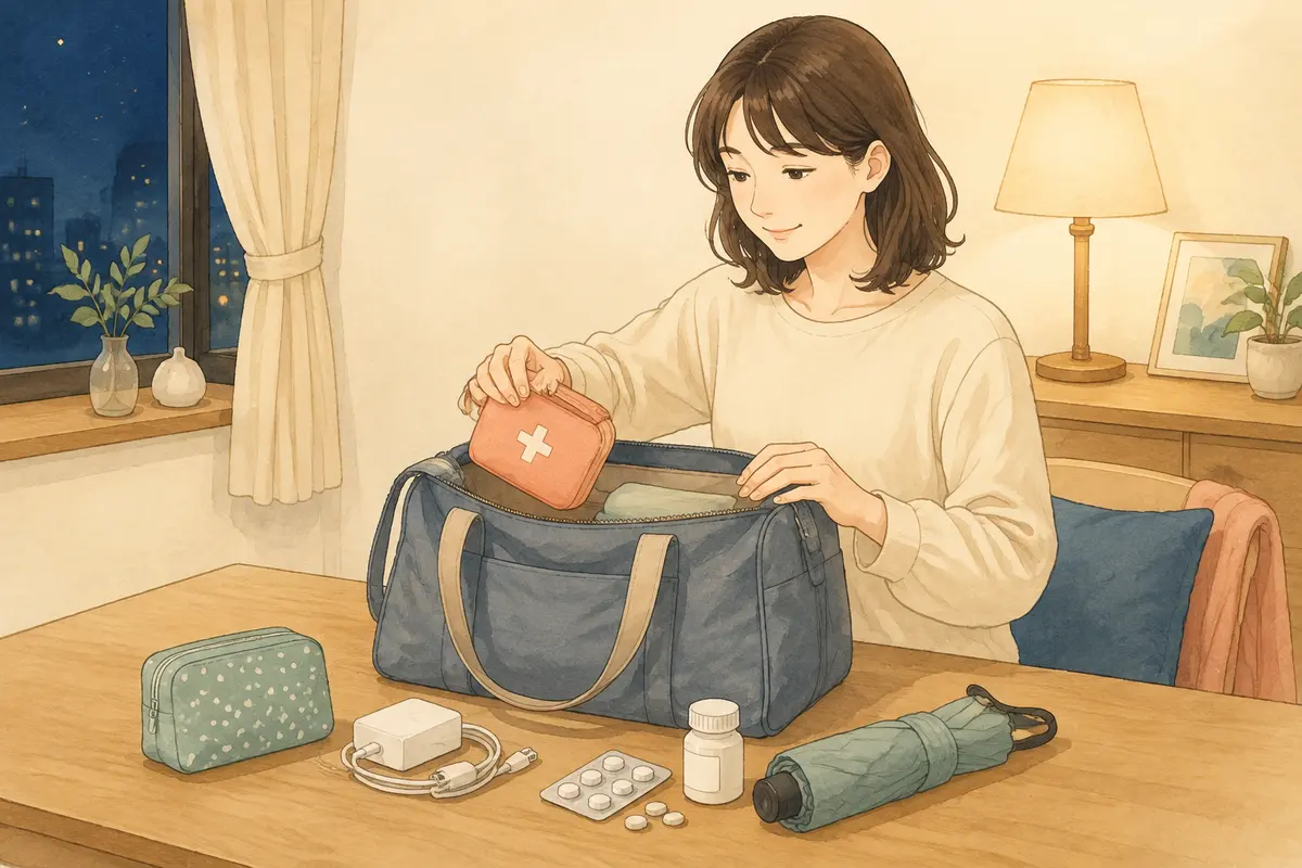 旅行前に薬や充電器、折りたたみ傘を準備する女性
