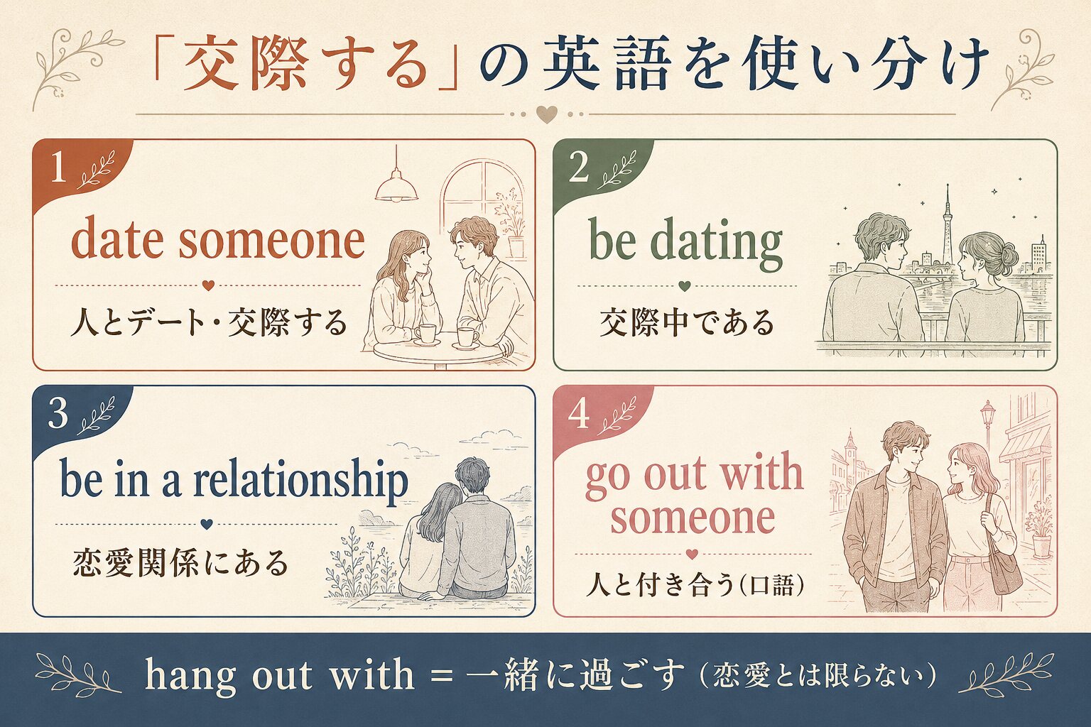 date someone・be dating・be in a relationship・go out with someoneの違い