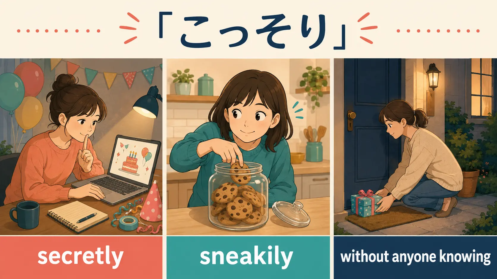 こっそりをsecretly、sneakily、without anyone knowingに分けた比較図