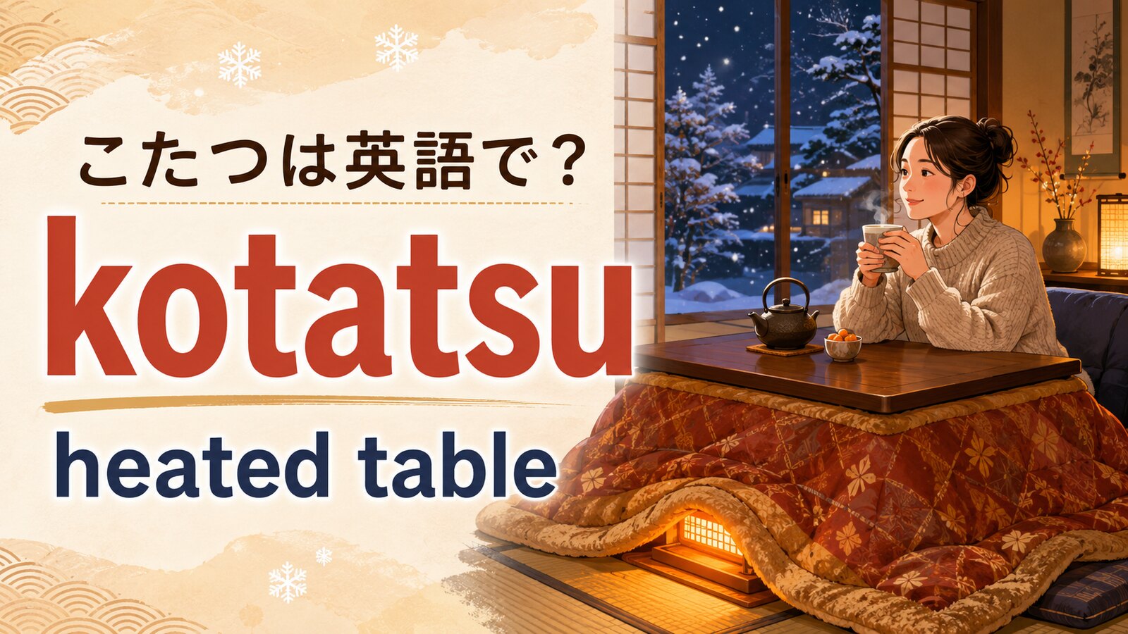 こたつは英語でkotatsu・heated tableと示した冬の和室イラスト
