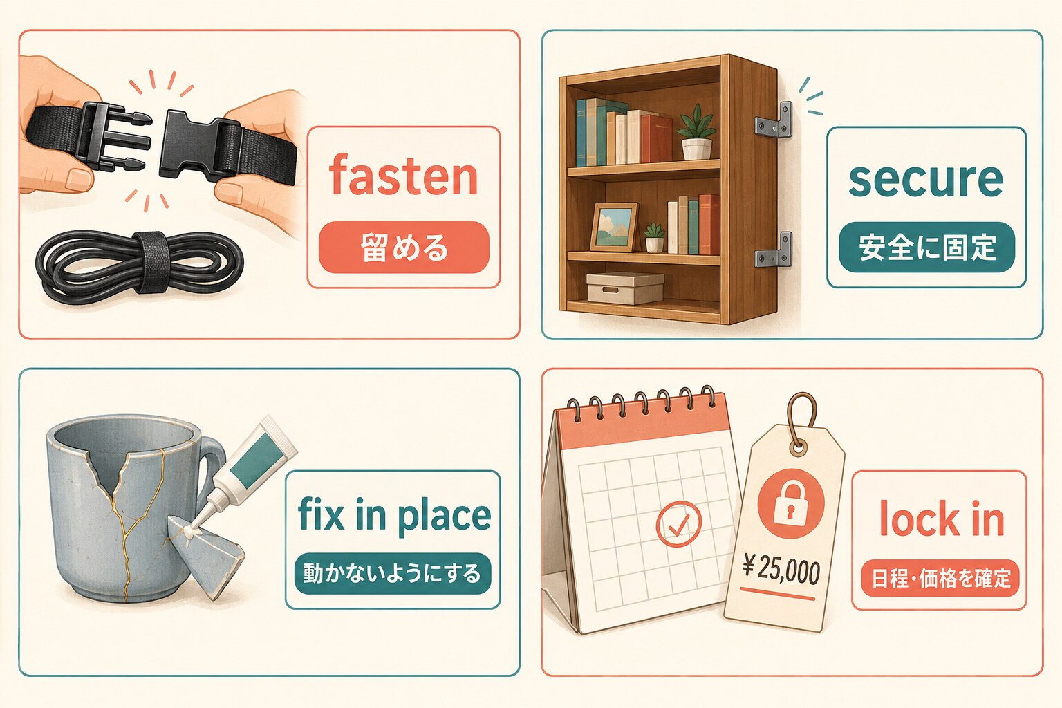 固定するを表すfasten、secure、fix in place、lock inの使い分け