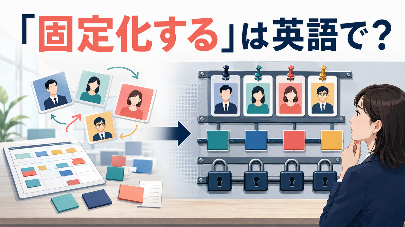 「固定化する」は英語で？ 柔軟に動く配置が鍵で固定された仕組みに変わる様子
