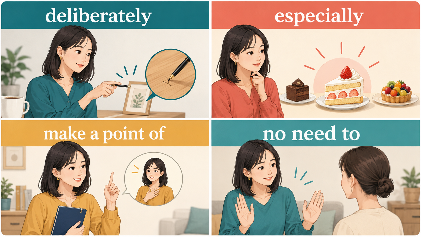 deliberately、especially、make a point of、no need toの違い