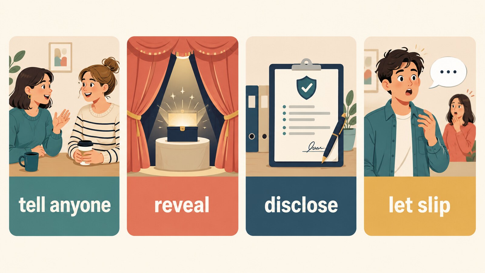 tell anyone、reveal、disclose、let slipの違いを表したイラスト