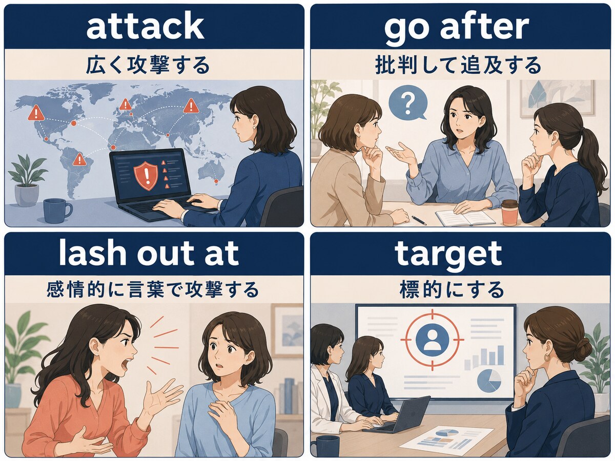 attack・go after・lash out at・targetの違い