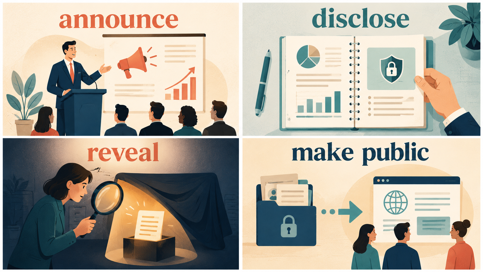 announce・disclose・reveal・make publicの使い分け