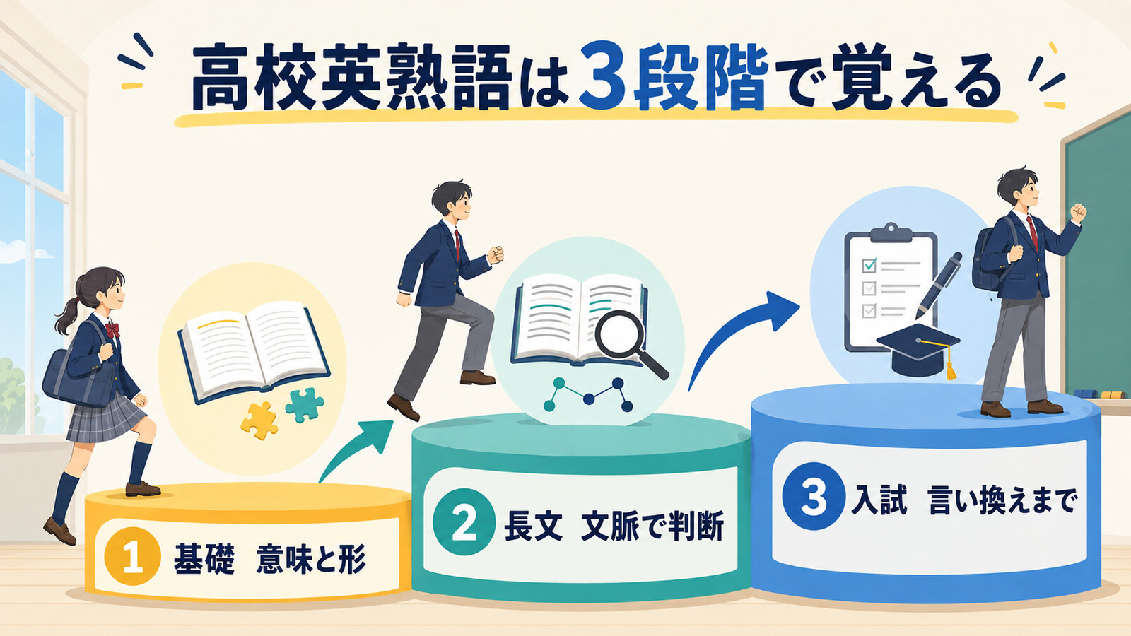 高校英熟語を基礎の意味と形、長文の文脈、入試の言い換えの3段階で学ぶ図