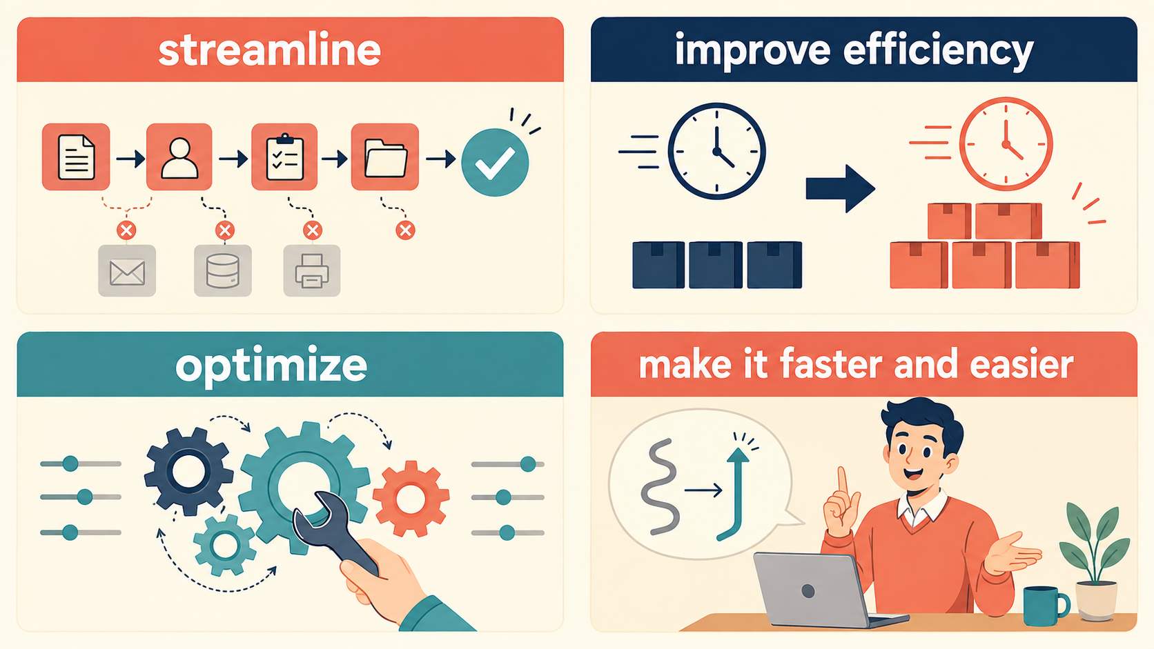 streamline・improve efficiency・optimize・make it faster and easierの違い