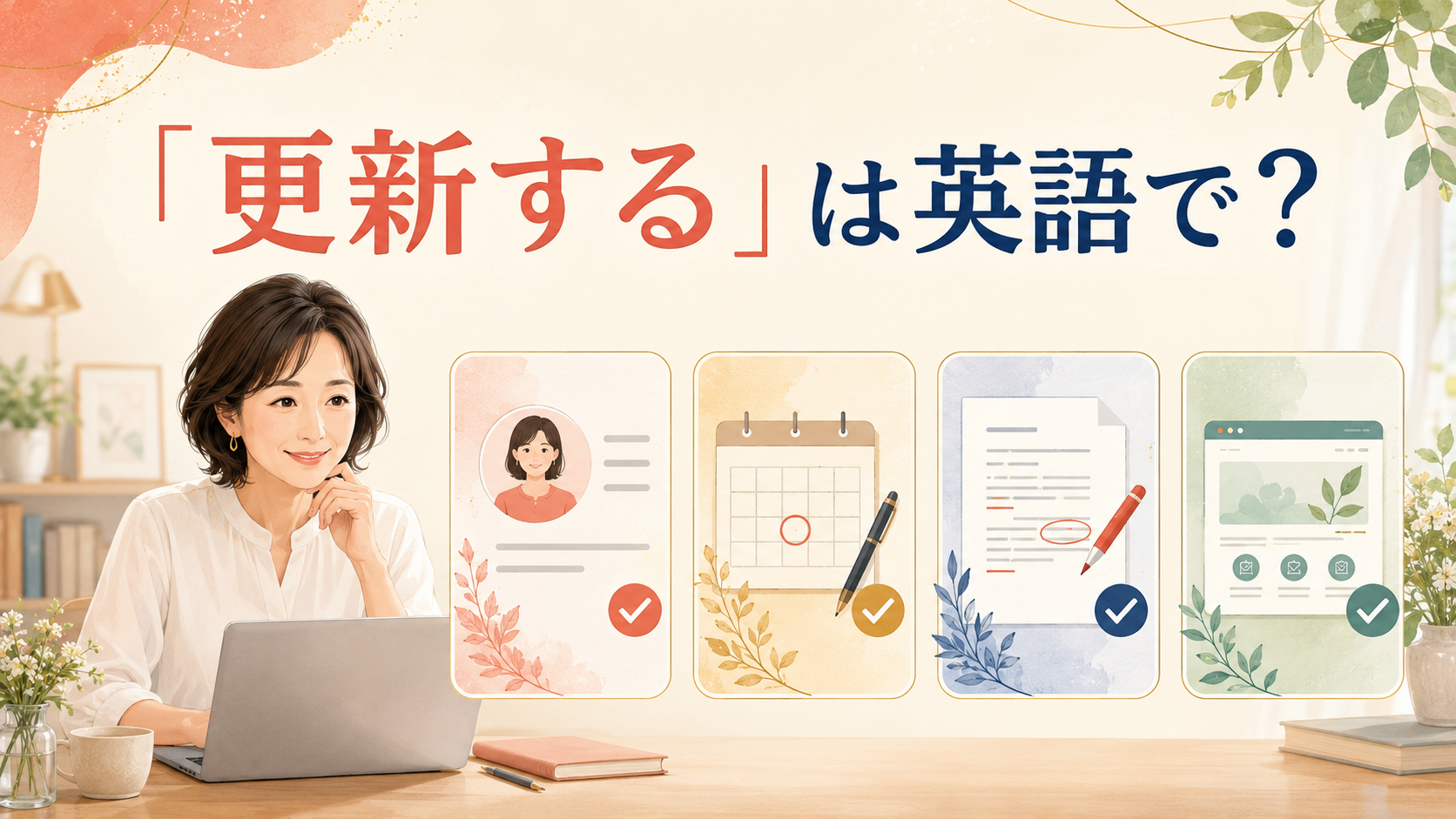 「更新する」は英語で？と大きく表示した、情報・契約・文書・ウェブページの更新を表す英語学習記事のアイキャッチ