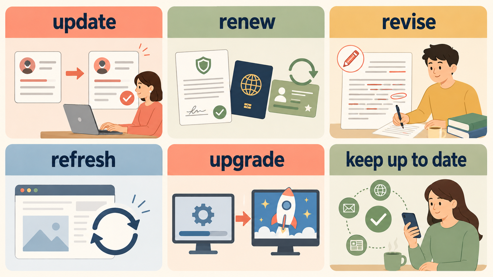 update・renew・revise・refresh・upgrade・keep up to dateの違いを示す比較イラスト