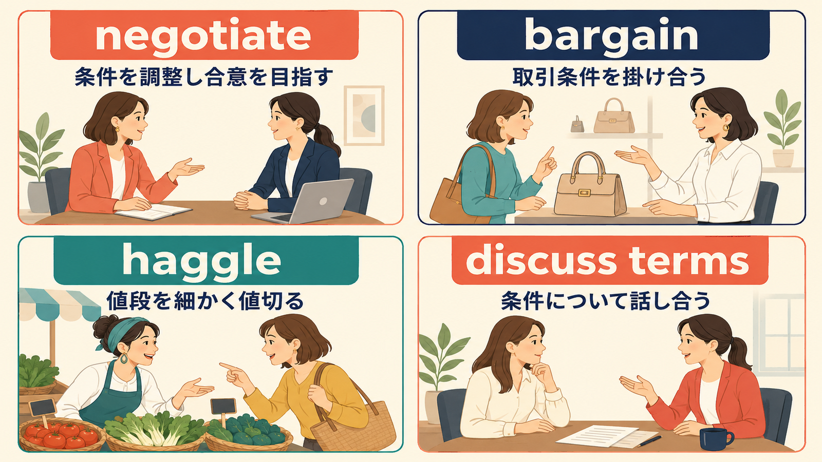 negotiate・bargain・haggle・discuss termsの使い分け
