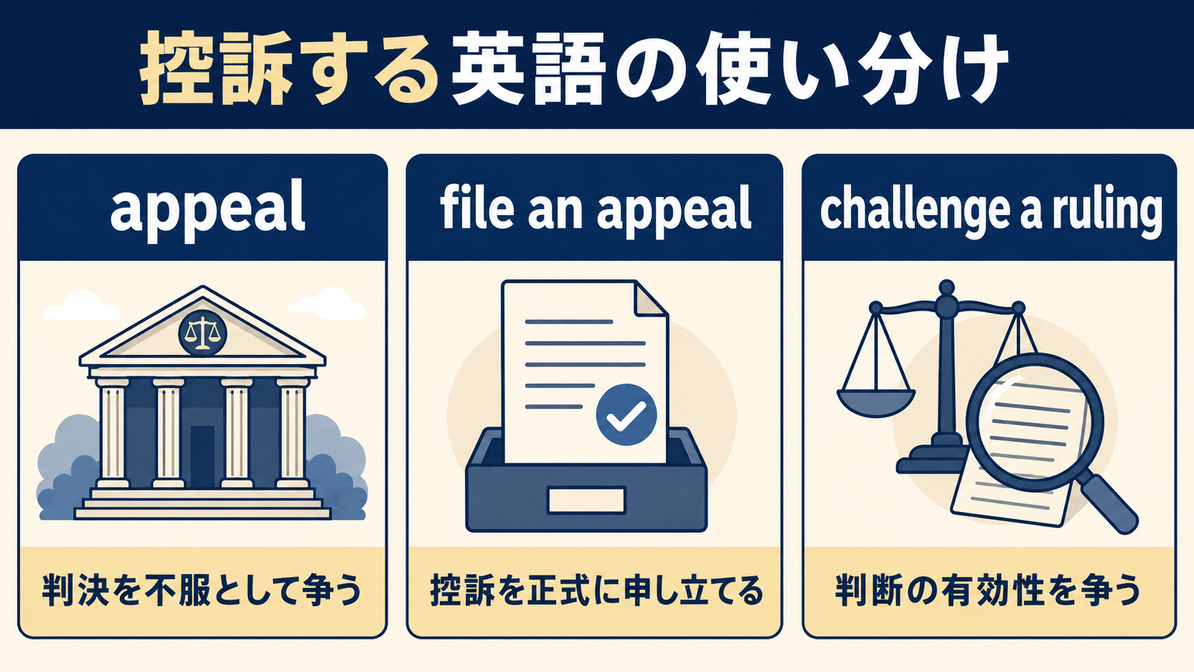 appeal・file an appeal・challenge a rulingで「控訴する」を使い分ける図