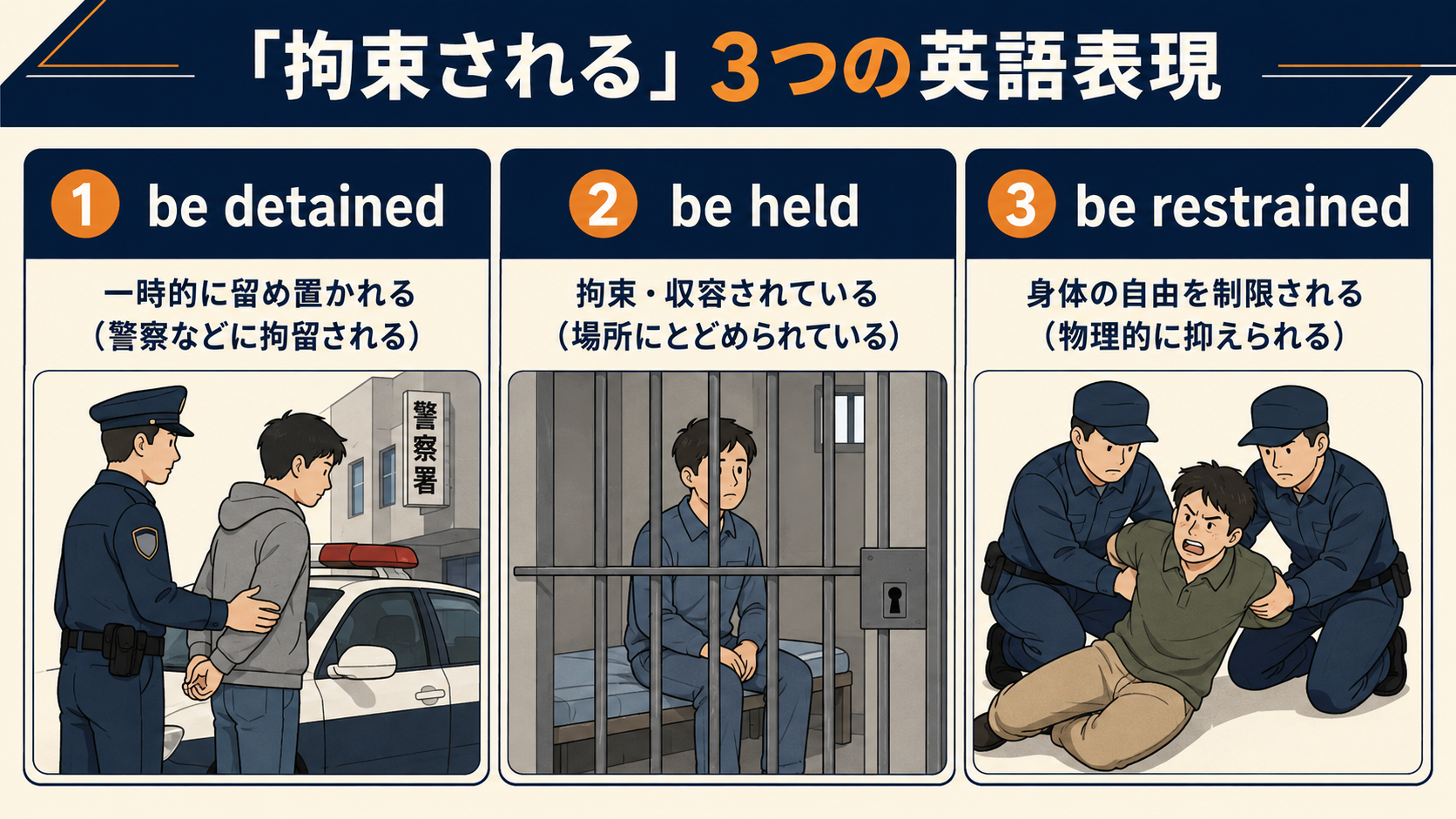 拘束されるを表すbe detained・be held・be restrainedの使い分け図