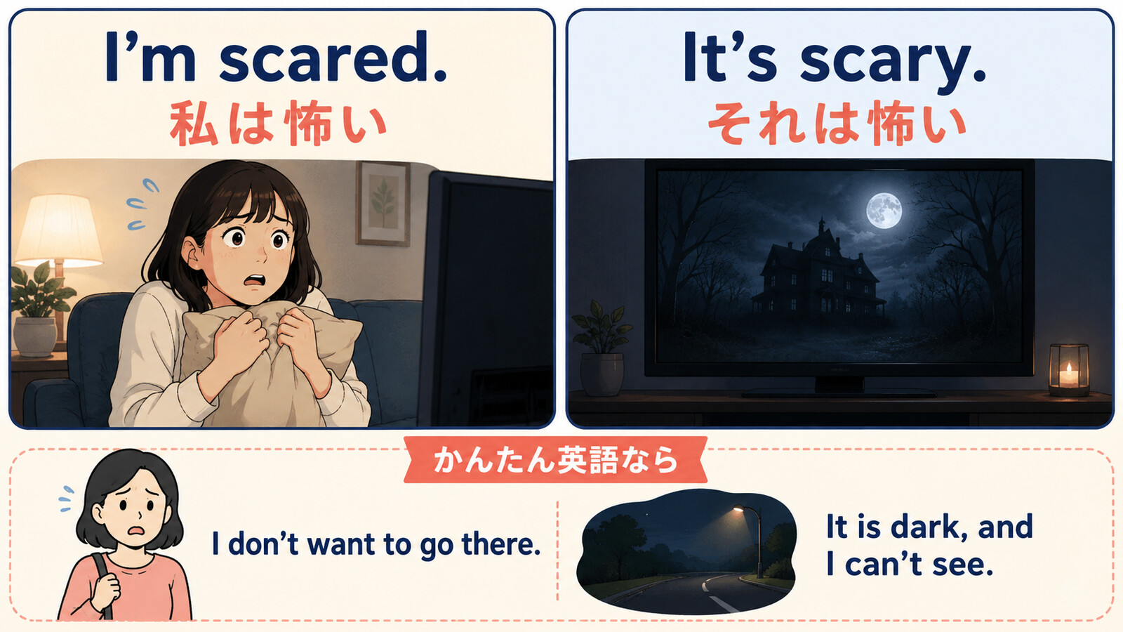 I’m scaredとIt’s scaryの違いと簡単な英語での言い換え