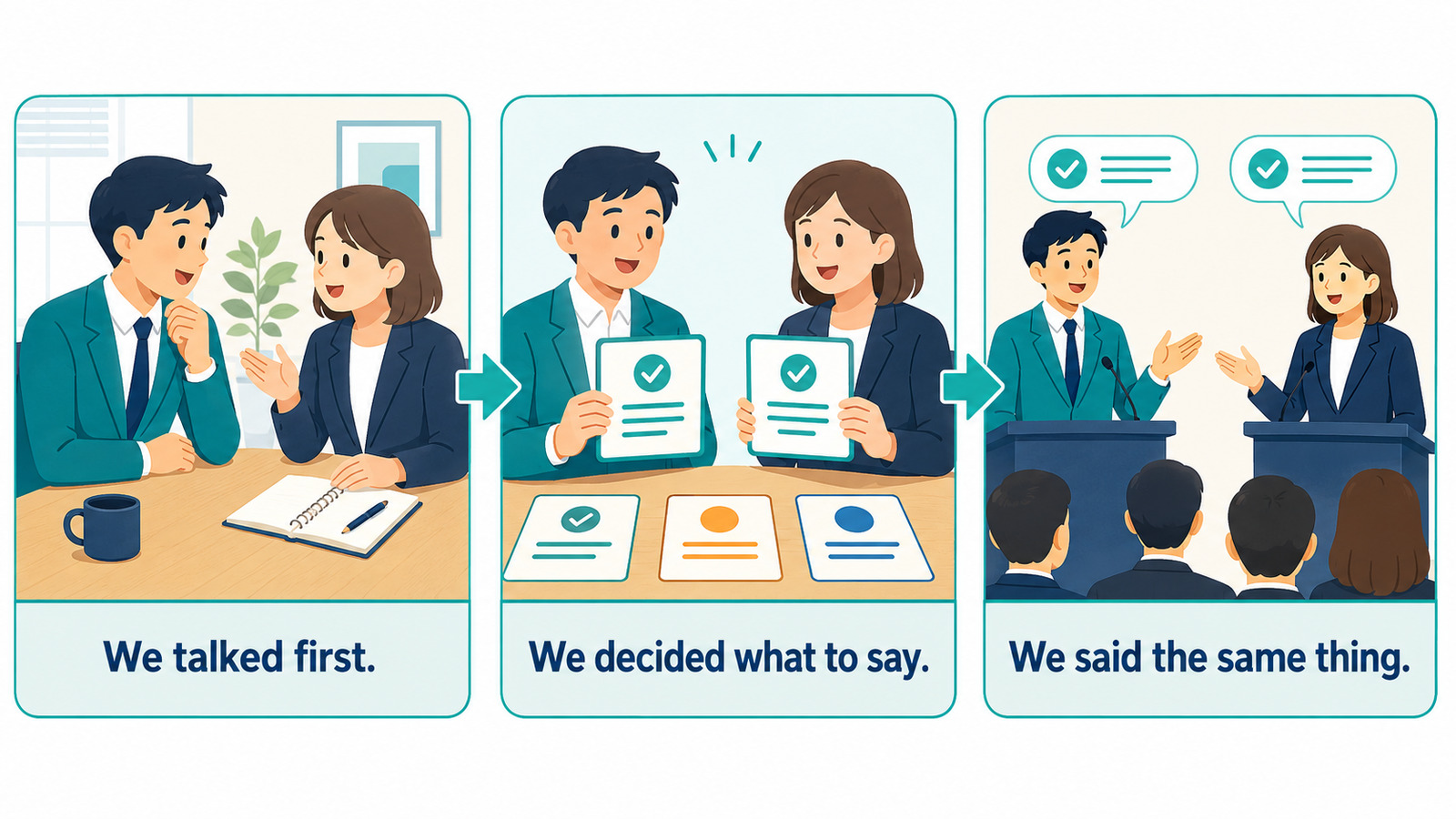 口裏を合わせるをWe talked first、We decided what to say、We said the same thingに分解した図