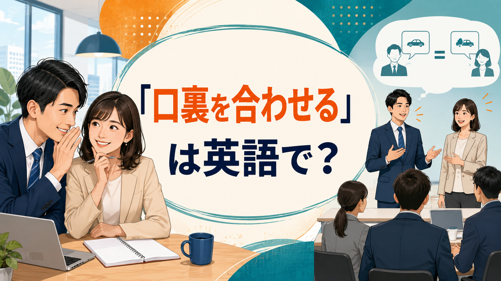 「口裏を合わせる」は英語で？と考える二人の会社員