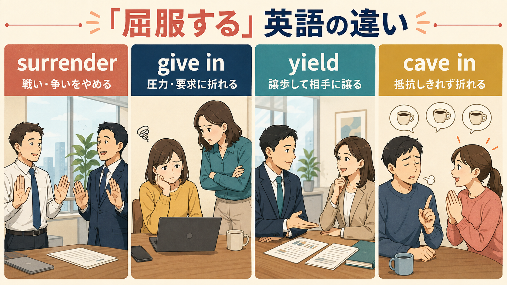 surrender・give in・yield・cave inの違い