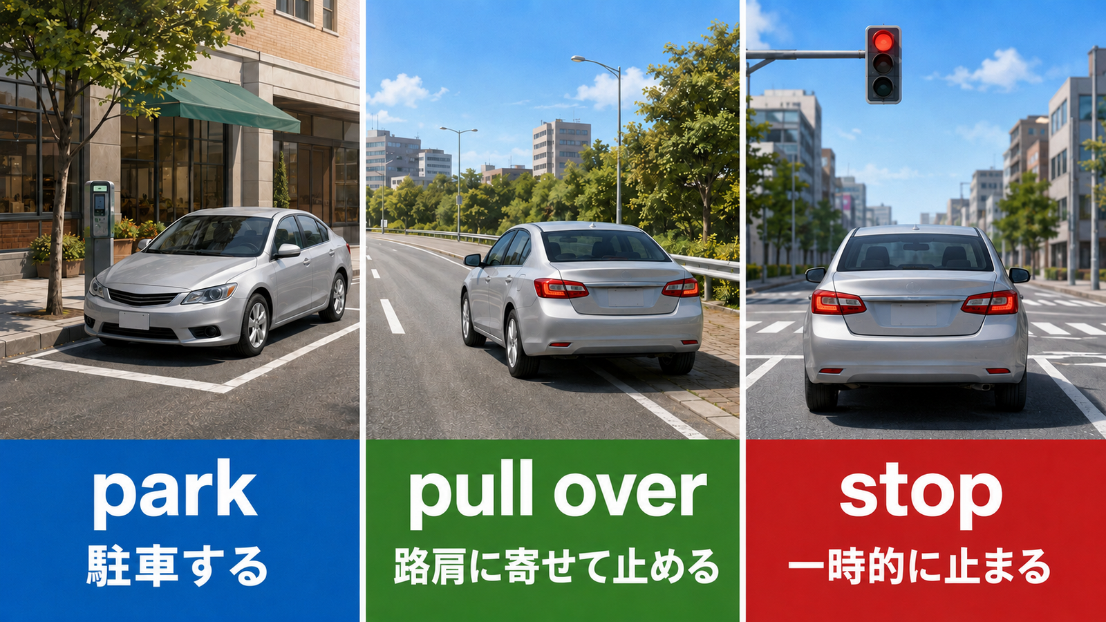 parkは駐車する、pull overは路肩に寄せて止める、stopは一時的に止まるという違いを示すイラスト