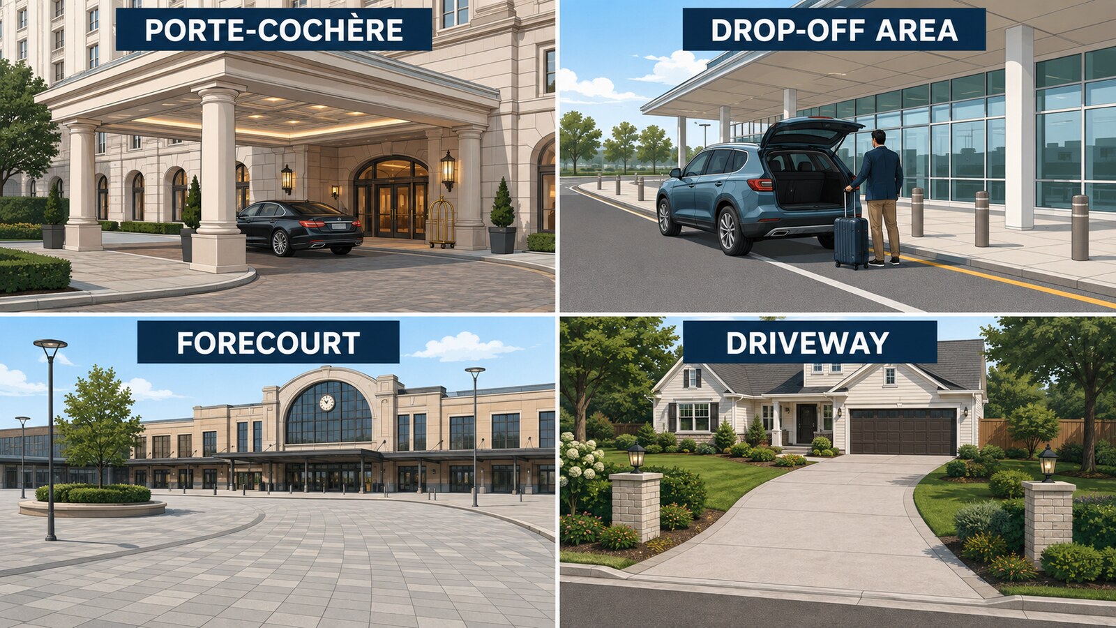 porte-cochère、drop-off area、forecourt、drivewayの違いを示すイラスト
