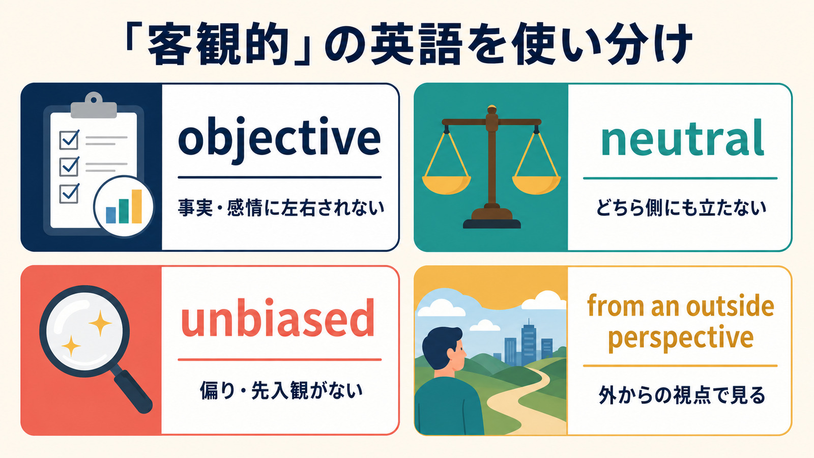 objective、neutral、unbiased、from an outside perspectiveの違いを示す比較図