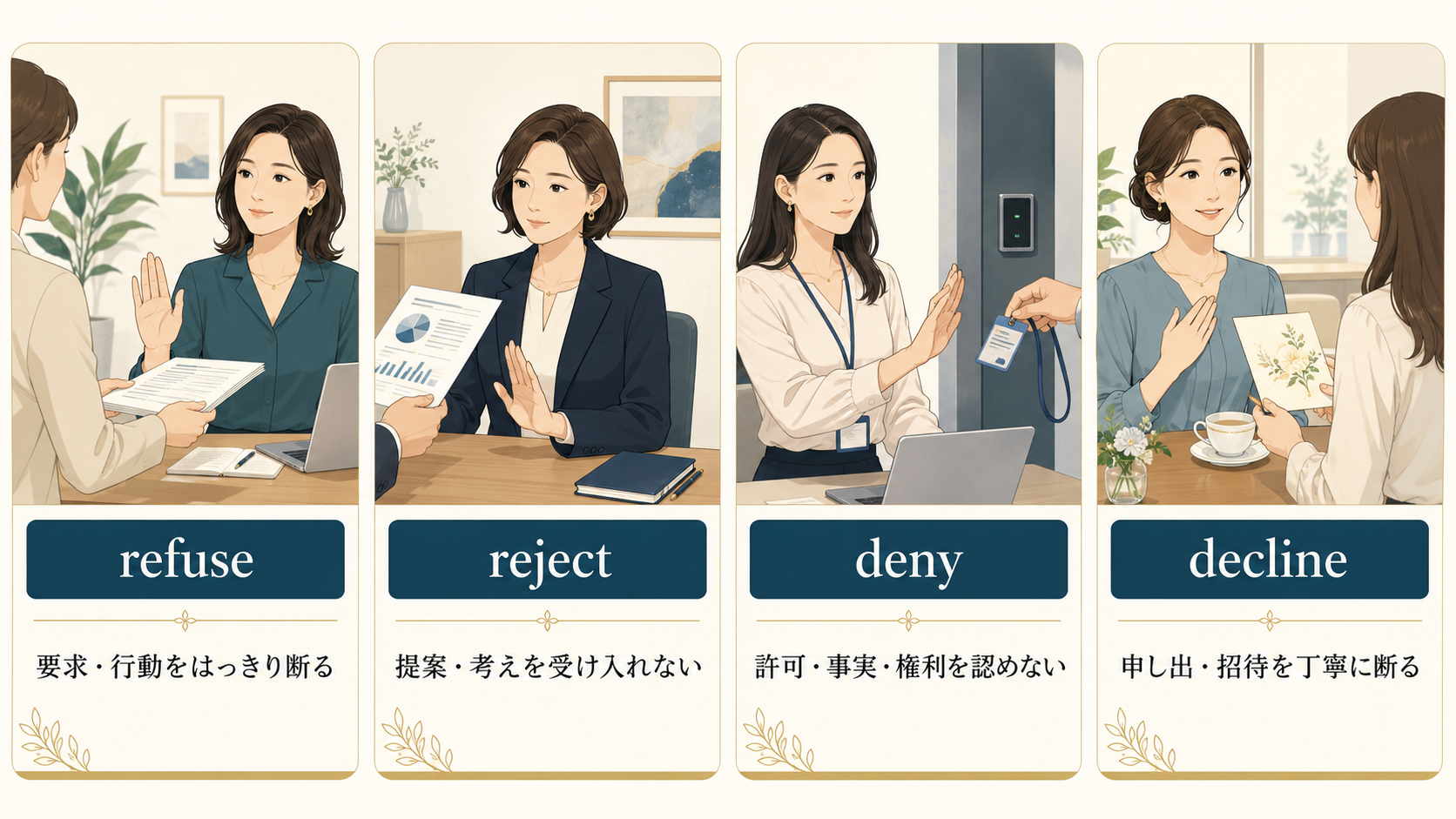 refuse、reject、deny、declineの使い分け比較