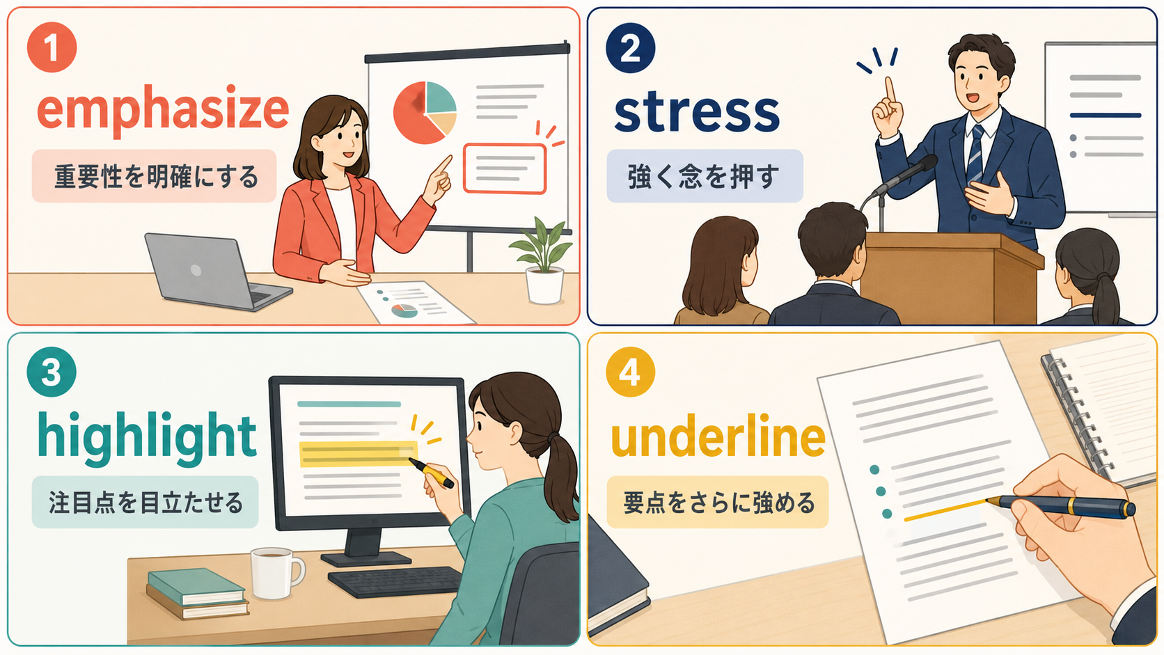 emphasize・stress・highlight・underlineで強調する意味の違い