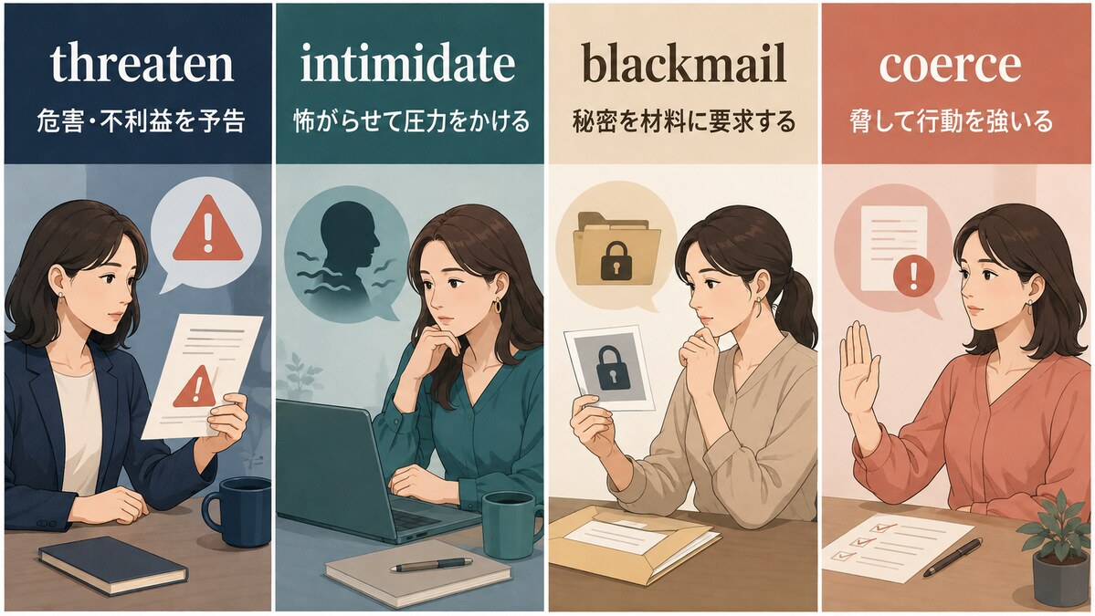 threaten・intimidate・blackmail・coerceの違い