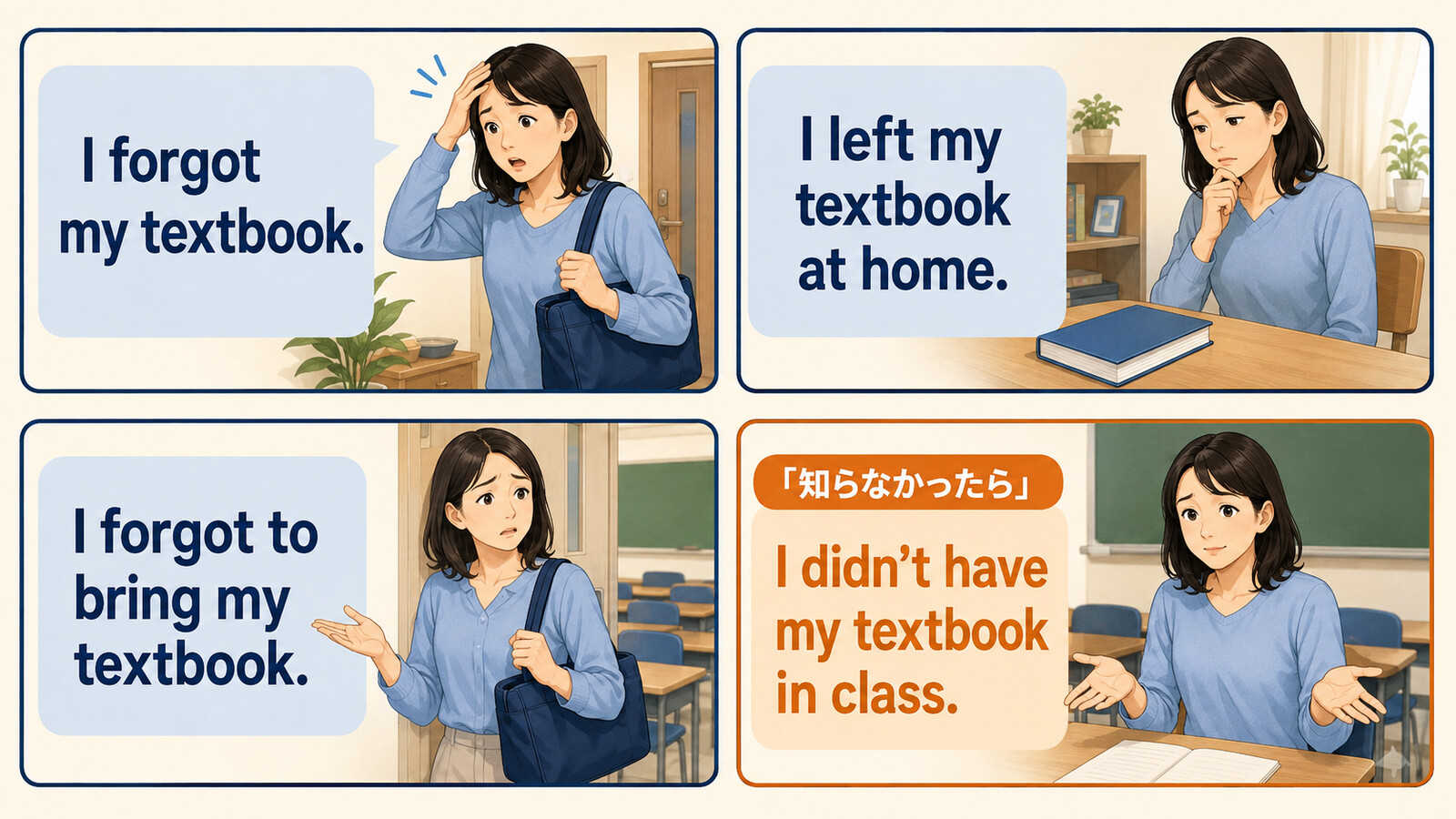 I forgot my textbookとleft it at home、forgot to bring、簡単な言い換えの比較