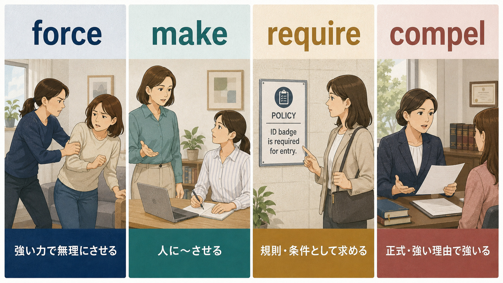 force・make・require・compelの意味と使い分けを4場面で比較