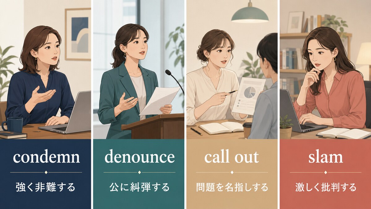 condemn・denounce・call out・slamの意味を4場面で比較