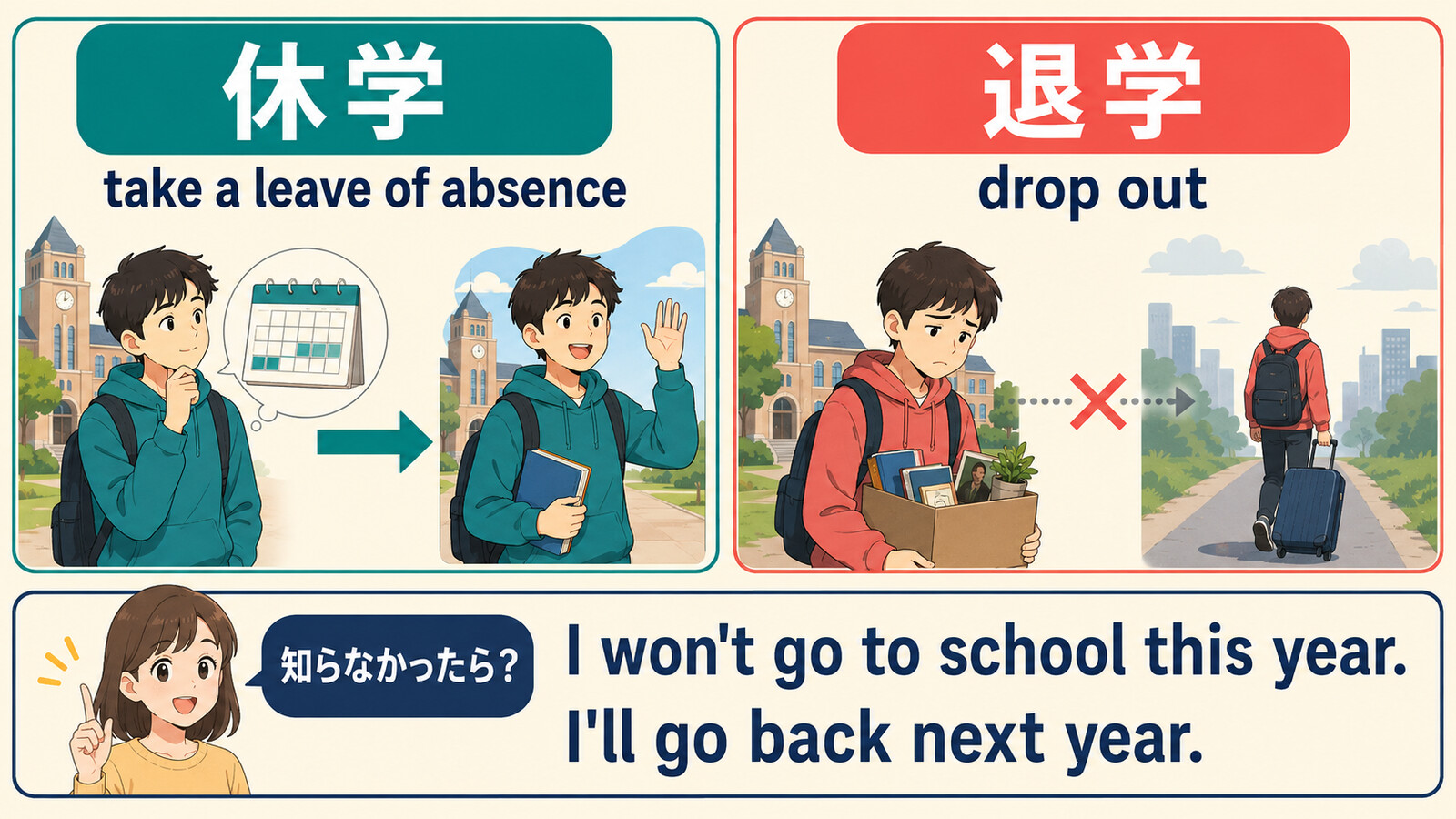 take a leave of absenceとdrop outの違いと簡単な言い換え