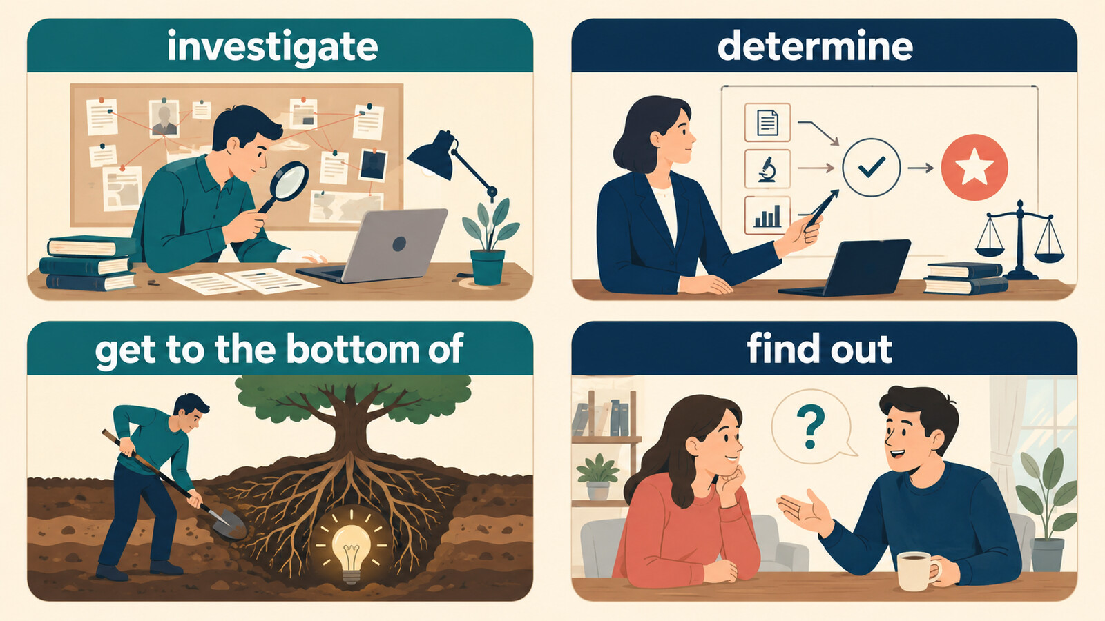 investigate・determine・get to the bottom of・find outの比較