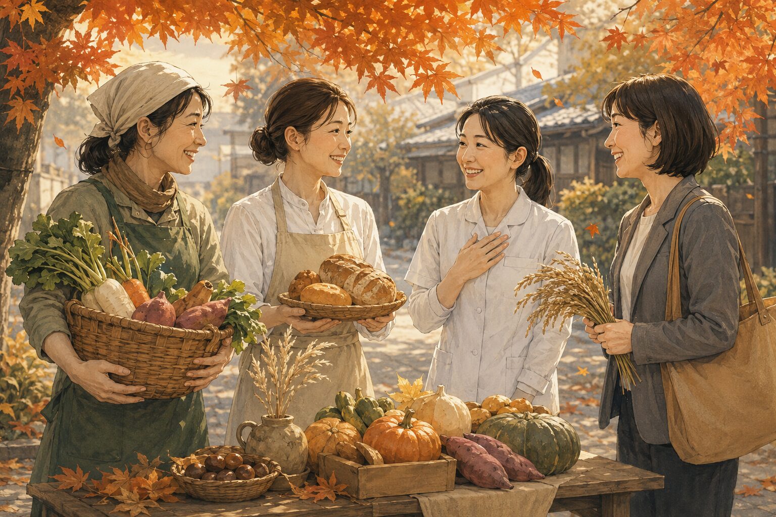 勤労感謝の日に農業や販売、医療などさまざまな仕事へ感謝を伝え合う女性たち
