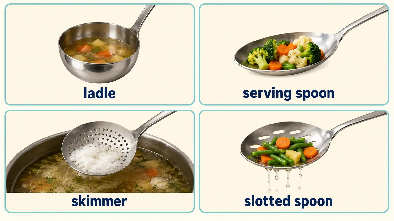 ladle、serving spoon、skimmer、slotted spoonの形と用途の違い